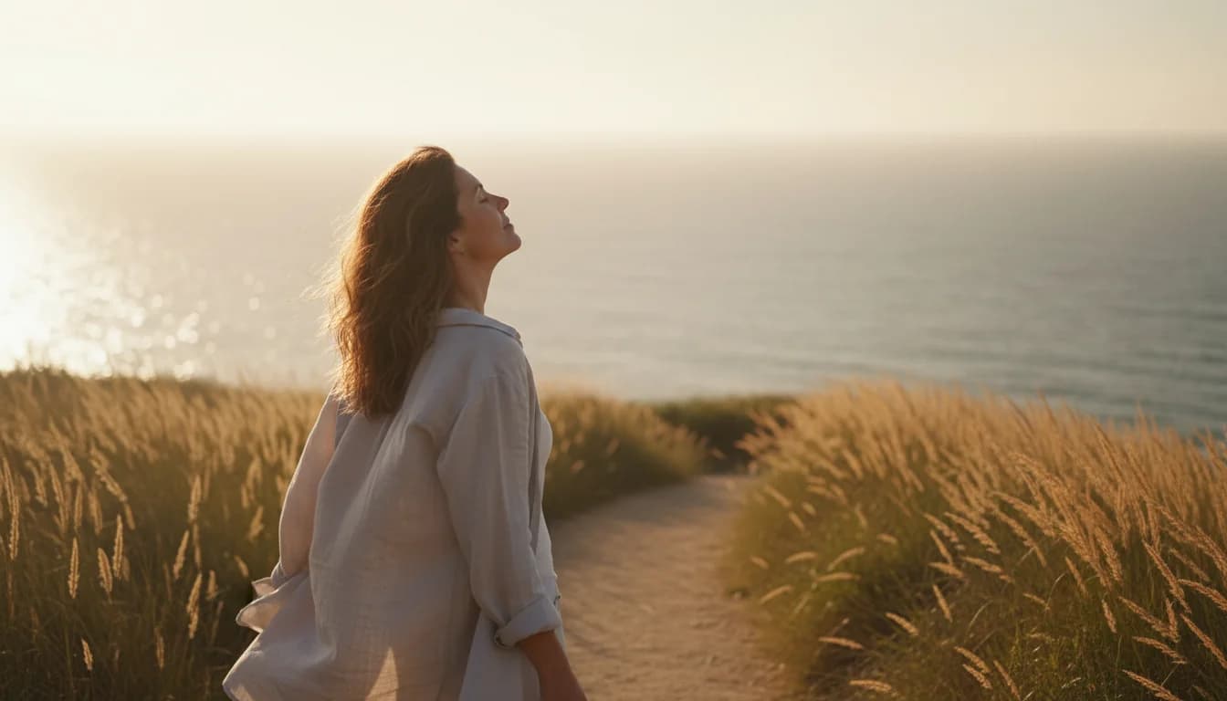 A woman taking a deep breath of fresh air on a sunlit coastal path